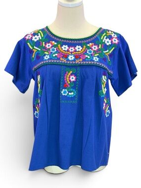 YZXDORWJ Women’s Blue Mexican Peasant Boho Embroidered Floral Top Blouse Size M